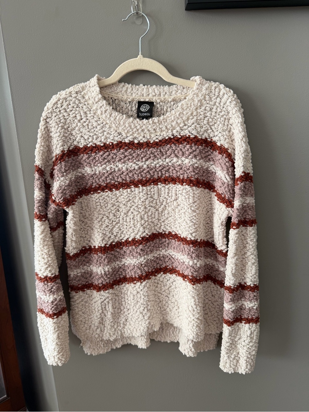 bobeau Cozy Cream Popcorn Knit Sweater with Rust & Taupe Stripes. Small